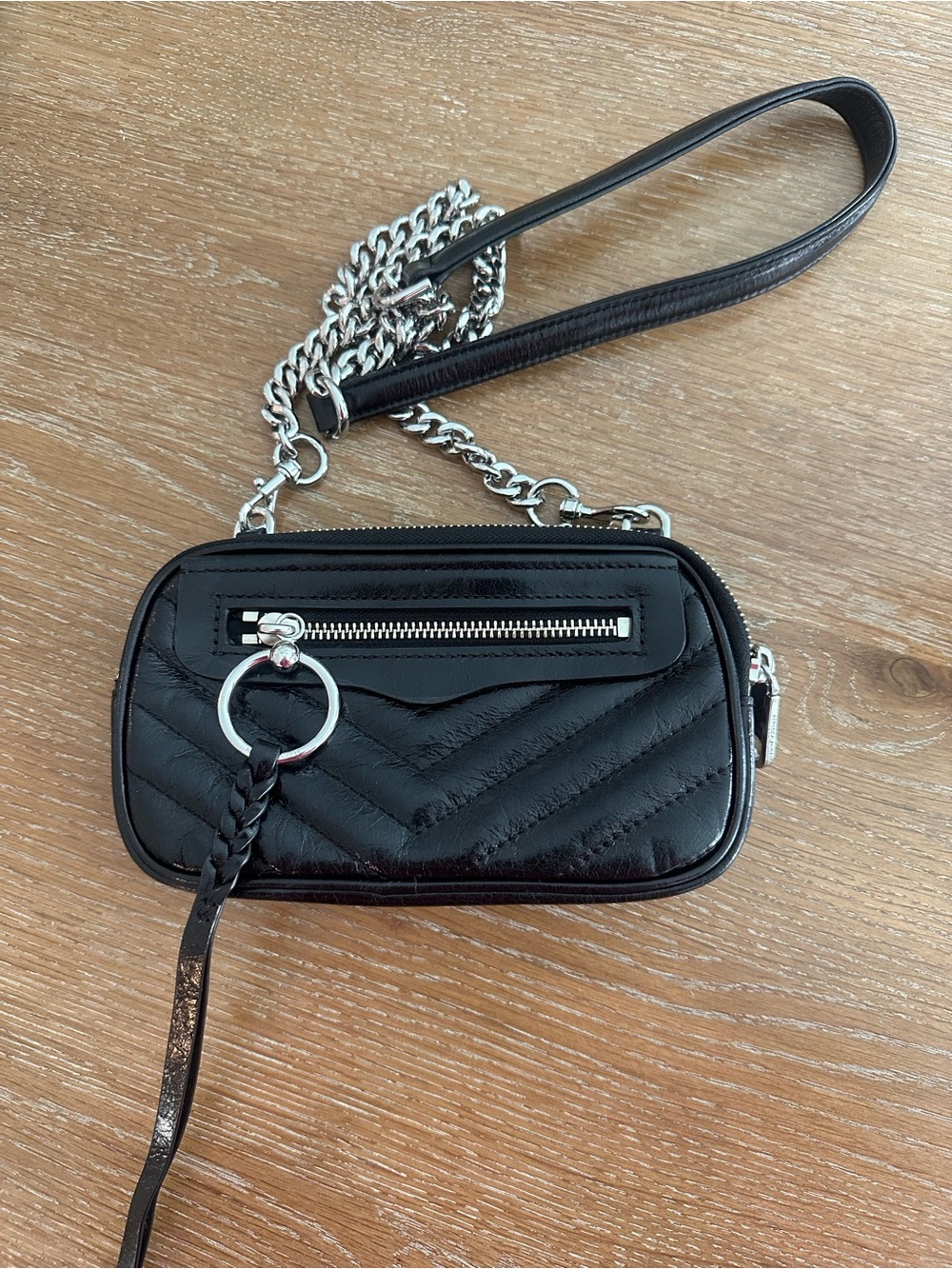 Rebecca Minkoff Black Quilted Leather Crossbody with Silver Chain